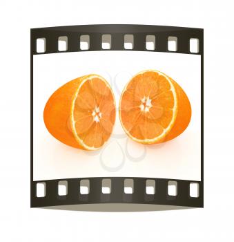 half oranges on a white background. The film strip