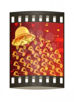 Toll. Gold bell on winter or Christmas style background with a wave of stars. The film strip