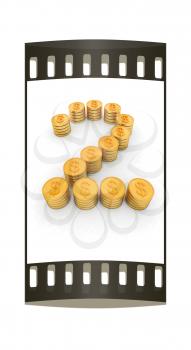 the number two of gold coins with dollar sign on a white background. The film strip