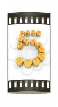 the number five of gold coins with dollar sign on a white background. The film strip