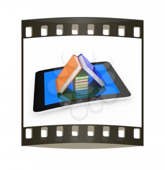 tablet pc and colorful real books on white background. The film strip