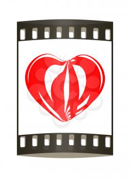 3d beautiful red glossy heart of the bands on a white background. The film strip