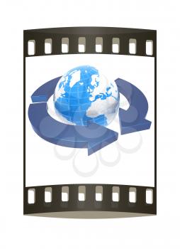 Earth with arrows on a white background. The film strip