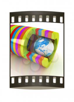 3d colorful abstract cut pipe and earth on a white background. The film strip