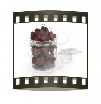 Bank of fresh cherries on a white background . The film strip