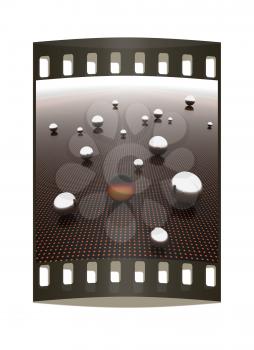 Chrome ball on light path to infinity. 3d render. The film strip