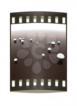 Chrome ball on light path to infinity. 3d render. The film strip