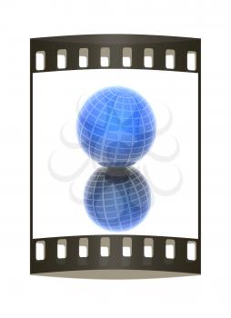 Abstract 3d sphere with blue mosaic design on a white reflective background. The film strip