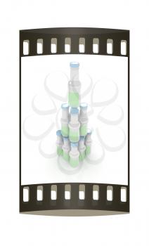 Plastic milk products bottles set on a white background. The film strip