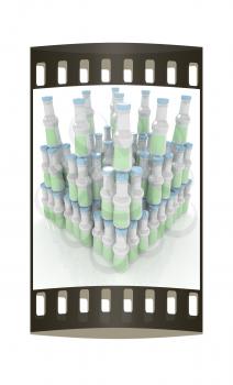 Plastic milk products bottles set on a white background. The film strip