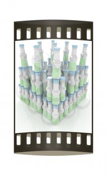 Plastic milk products bottles set on a white background. The film strip