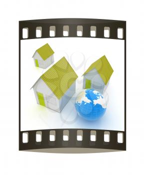 Houses and Earth on a white background. The film strip
