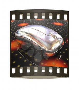 3d chrome mouse on a fantastic festive dark background. The film strip