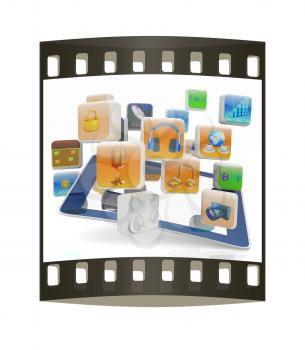 Touchscreen Smart Phone with Cloud of Media Application Icons on a white background. The film strip