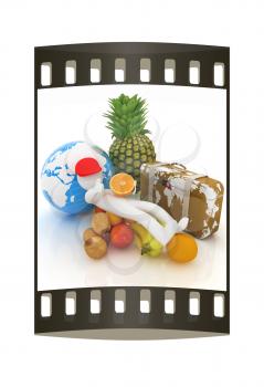 3d man with citrus,earth and traveler's suitcase on a white background. The film strip
