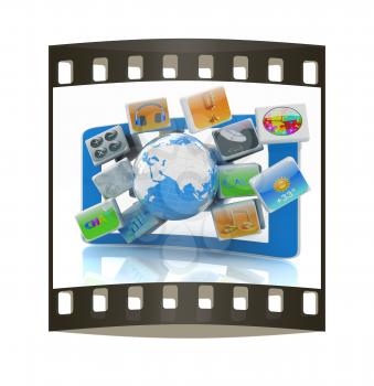 Touchscreen Smart Phone with Cloud of Media Application Icons on a white background. The film strip