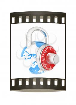 Illustration of security concept with metal locked combination pad lock as the earth on a white background. The film strip