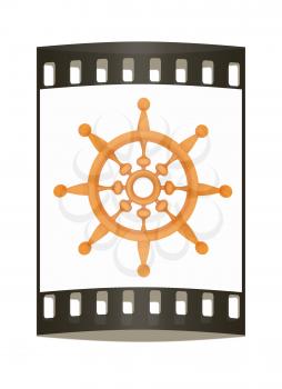 Wooden steering wheel on a white background. The film strip