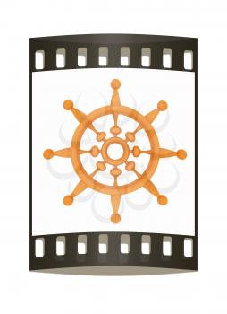 Wooden steering wheel on a white background. The film strip