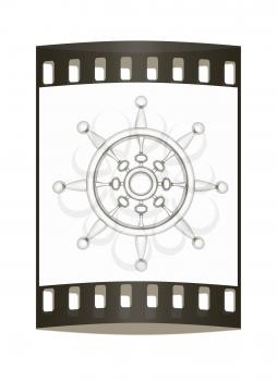 Metal steering wheel on a white background. The film strip