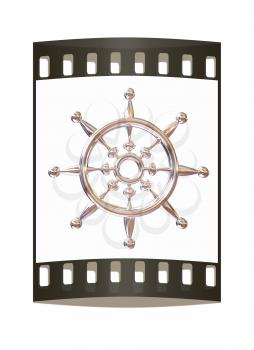 Metal steering wheel on a white background. The film strip