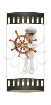 Sailor with wood steering wheel and earth. Trip around the world concept on a white background. The film strip