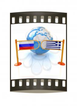 Three-dimensional image of the turnstile and flags of Russia and Greece on a white background. The film strip