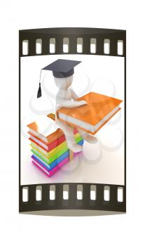 3d man in graduation hat with useful books sits on a colorful glossy boks on a white background. The film strip