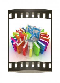 Colorful books flying and laptop on a white background. The film strip