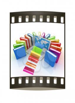 Colorful books flying and laptop on a white background. The film strip