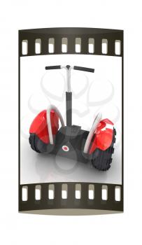 Mini electrical and ecological transport on a white background. The film strip