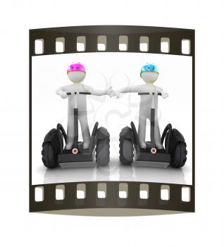 3d people in riding on a personal and ecological transport in helmet and holding hands. Concept of partnership. The film strip