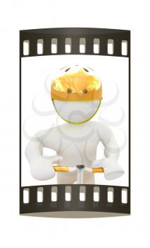 3d man in bicycle helmet on a white background. The film strip