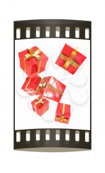 Bright christmas gifts on a white background. The film strip