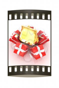 A luxury gold purse on gifts on a white background. The film strip