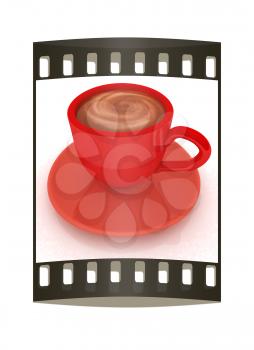 Coffee cup on saucer on a white background. The film strip