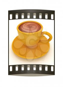 Coffee cup on saucer on a white background. The film strip