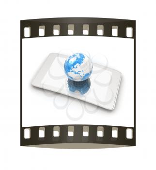 Phone and earch on white background.Global internet concept. The film strip