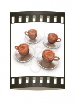 Coffee cups on saucer on a white background. The film strip