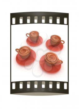 Coffee cups on saucer on a white background. The film strip