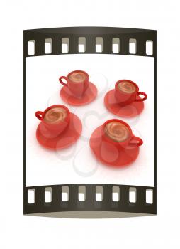 Coffee cups on saucer on a white background. The film strip