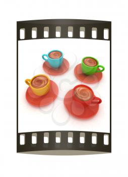 Coffee cups on saucer on a white background. The film strip