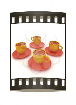 Coffee cups on saucer on a white background. The film strip