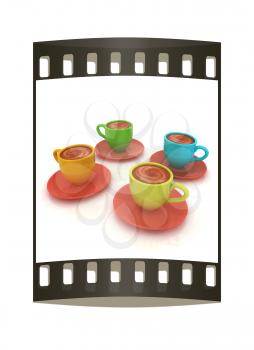 Coffee cups on saucer on a white background. The film strip