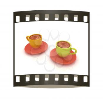 Coffee cups on saucer on a white background. The film strip