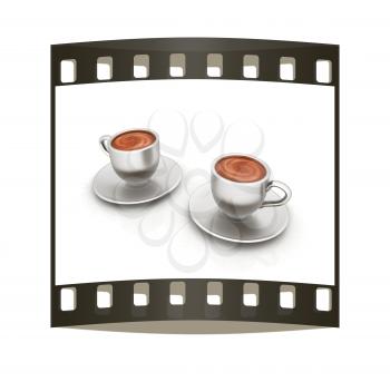 Coffee cups on saucer on a white background. The film strip