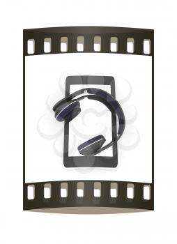 a creative cellphone with headphones isolated on white, portable audio concept. The film strip