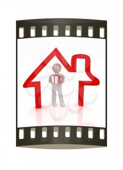Presentation of new house. 3d man holds the gift, and is within the red icon house. The film strip
