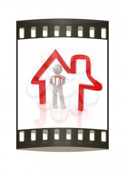 Presentation of new house. 3d man holds the gift, and is within the red icon house. The film strip