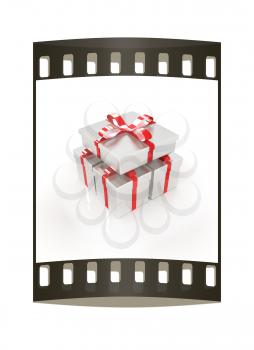 Gifts with ribbon on a white background. The film strip